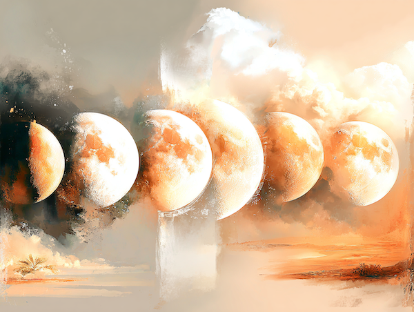 Maanfasen en afstand als symbool voor apogeum en innerlijke ruimte