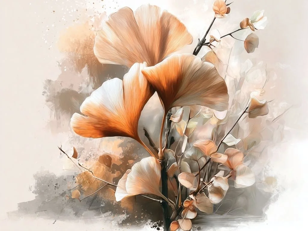 Spirituele close-up van goudgele ginkgobladeren als symbool voor transformatie en wijsheid.