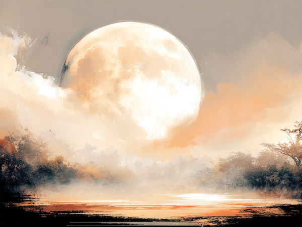 zachte volle maan boven landschap als symbool voor harmonie en balans