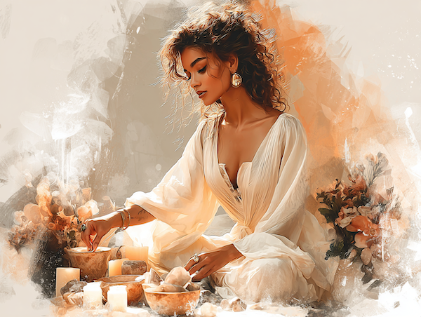 Een moderne priesteres die een altaar verzorgt met bloemen en kristallen in zachte tempelenergie.