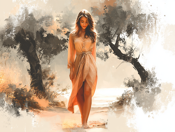 Vrouw die rustig op een bospad staat in zacht ochtendlicht als symbool voor zekerheid, innerlijke rust en een bezield leven volgens de levenswijsheden van Tony Robbins.