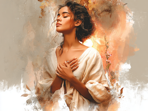 Vrouw in natuur met handen op hart belichaamt de priesteres en innerlijke rust