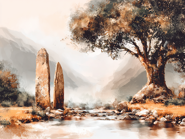 Een mystiek natuurlandschap waarin water, bomen en stenen de heilige beleving van oude culturen verbeelden.