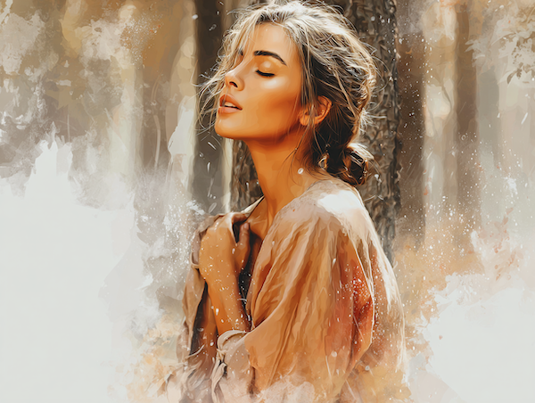 Vrouw in het bos met gesloten ogen en hand op haar hart, symbool voor verdriet, loslaten en emotionele heling