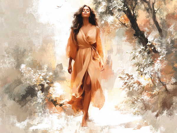 Vrouw die rustig door het bos loopt als symbool voor innerlijke kracht en eigenwaarde