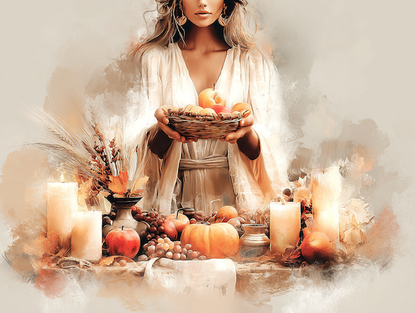 Dankbaarheidsritueel met kaars en oogstfruit als eerbetoon aan de overvloed van september.