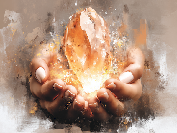 Zonnesteen in handen als symbool voor innerlijk vuur en zelfvertrouwen