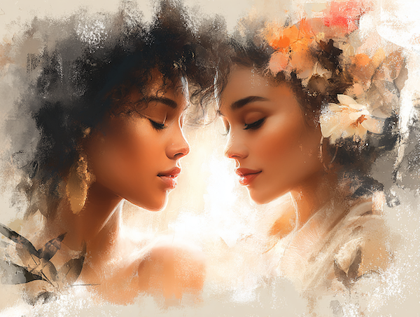 twee vrouwen verbonden door licht vanuit het hart als symbool voor empathie en compassie