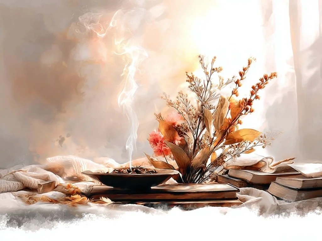 Altaar met laurier, bijvoet, kaarslicht en zachte botanische elementen in warme spirituele sfeer.