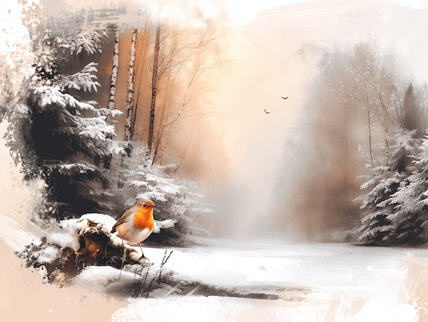 Fotografische poster met sneeuw en roodborstje, verstild winterbeeld in zachte tinten.