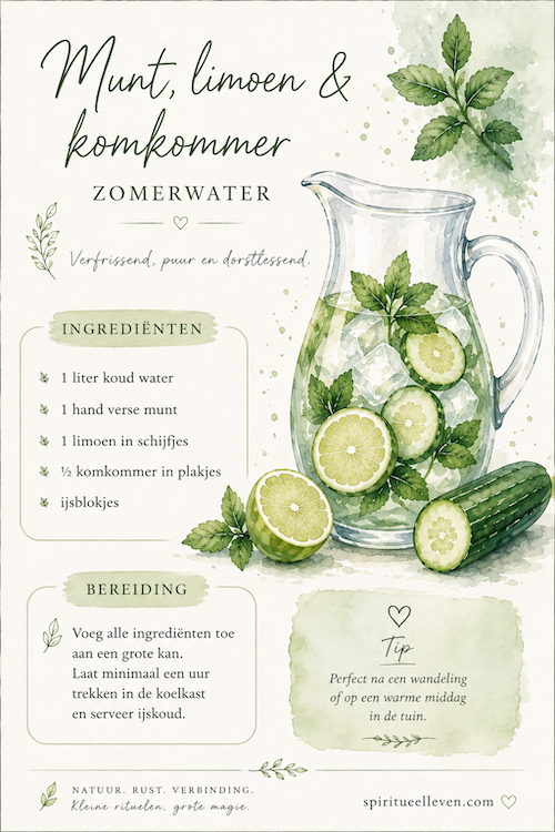 Verfrissend zomerwater met munt limoen en komkommer in een glazen kan met ijsblokjes en verse kruiden.