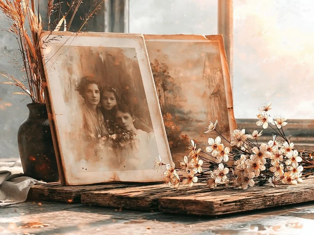 Oude familiefoto met wilde bloemen als symbool voor familiegeschiedenis en voorouders.