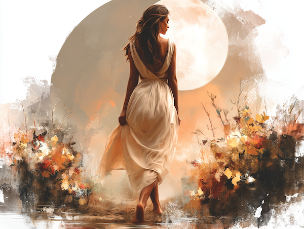 Vrouw in de natuur onder de volle maan als symbool voor leven in een natuurlijk ritme