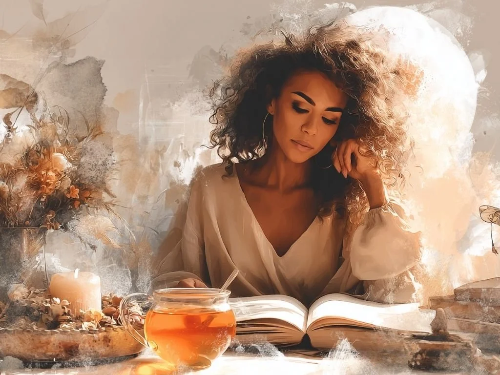 Vrouw schrijft in journal bij volle maan in Maagd als symbool voor zachte reset en leven met de maan.