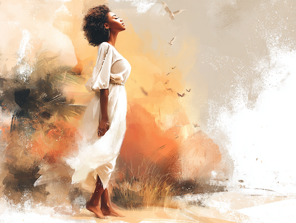 Vrouw die in stilte kiest voor haar energie en grenzen in de natuur.