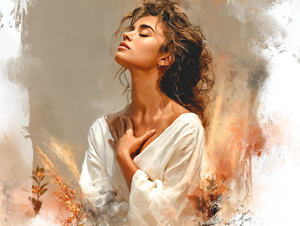 vrouw met hand op hart in zacht licht symbool voor zelfreflectie en compassie