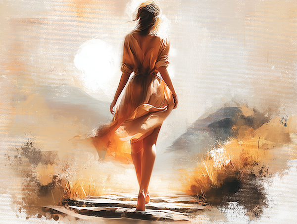 Vrouw die richting een open horizon loopt met een gevoel van vrijheid en nieuwsgierigheid, passend bij onzekerheid en verandering binnen de zes levenswijsheden van Tony Robbins.