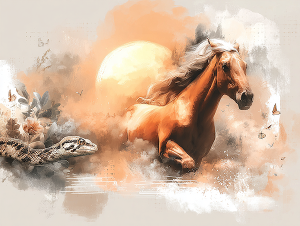 Symbolische overgang van slang naar vuurpaard bij zonsopkomst, spirituele kunst