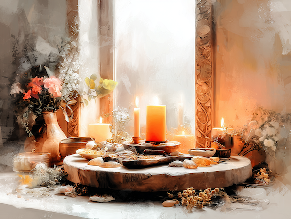 Altaar met maanfasen, kaarslicht en bloemen als symbool voor vrouwelijke cyclus en vrijdag de 13e
