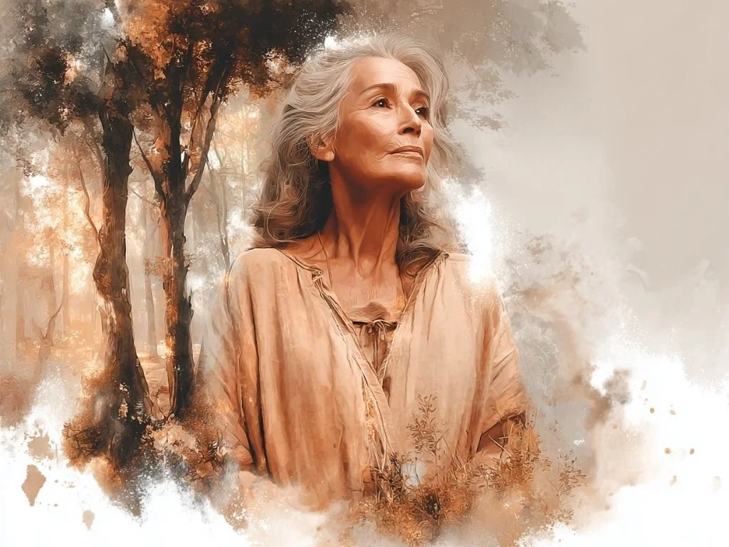 Een vrouw wandelt door een eeuwenoud bos en ervaart de verbondenheid tussen mens en natuur.