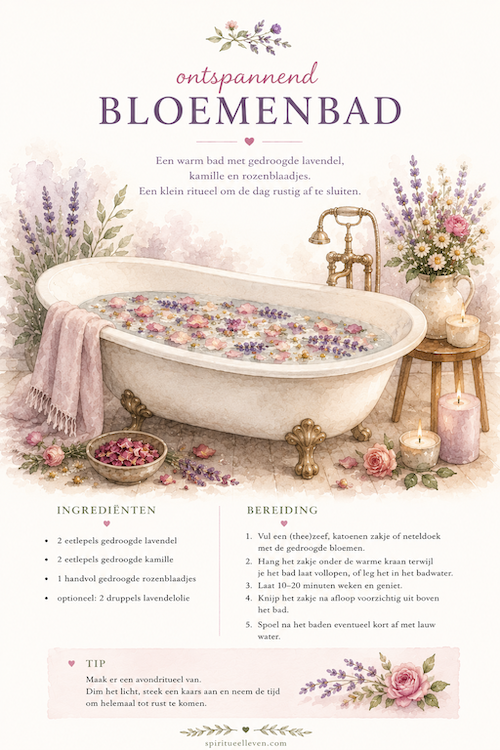 Vrijstaand bad op sierlijke pootjes gevuld met water, lavendel, kamille en rozenblaadjes in een zachte botanische aquarelstijl, met kaarsen en bloemen voor een ontspannen sfeer.