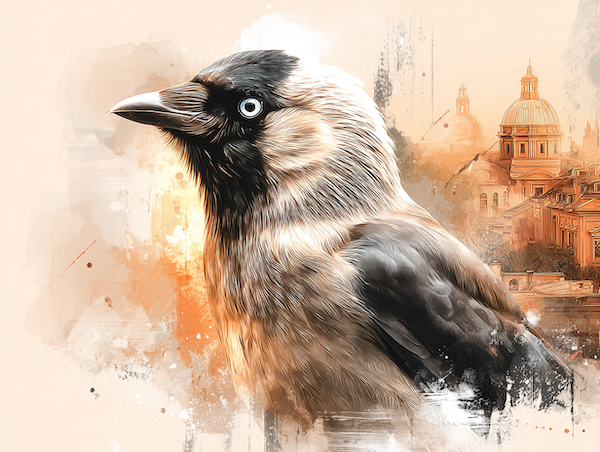 Kauw met helder oog in zacht maanlicht als symbool voor verbinding en gemeenschap