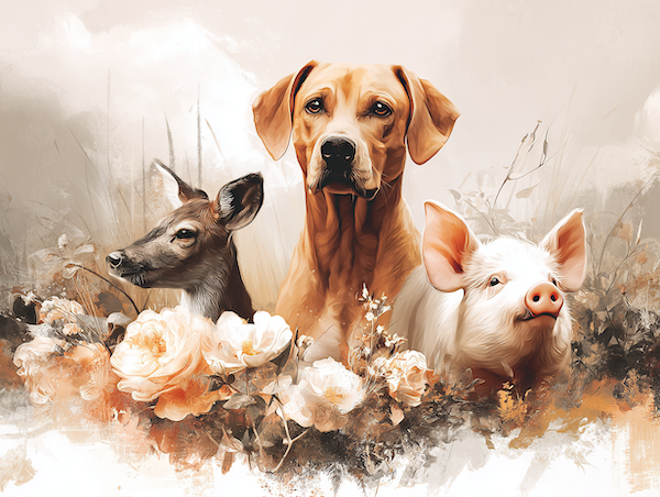 Hond, varken en ree als symbool voor de verschillende manieren waarop mensen naar dieren kijken