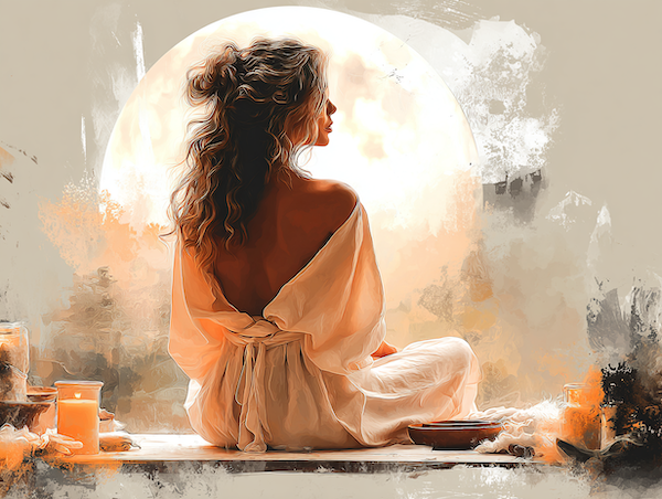 Vrouw in lange jurk kijkt naar de volle maan in Maagd in zachte aardetinten.