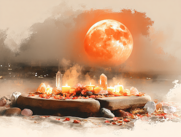 Ritueel onder de rode maan met edelstenen en kaarsen.