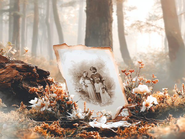 Oude familiefoto tussen mos, kruiden en wilde bloemen als symbool voor familiegeschiedenis en voorouders.