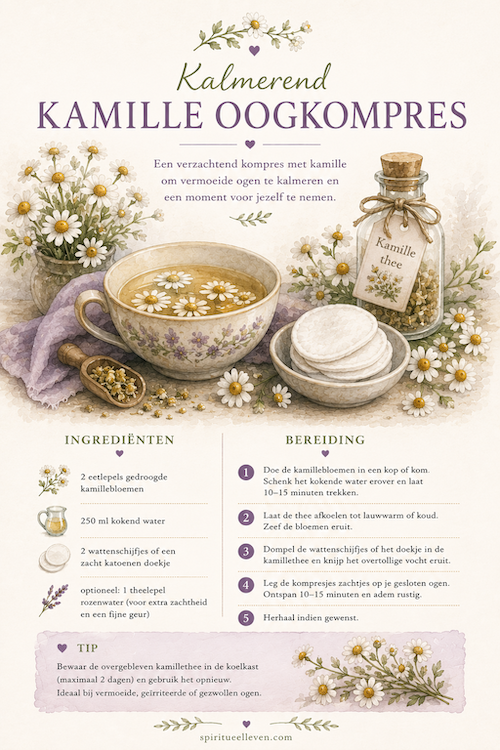 Botanische aquarelillustratie van een kalmerend kamille oogkompres met kamillebloemen, een kop kamillethee en zachte wattenschijfjes voor een natuurlijk moment van ontspanning.