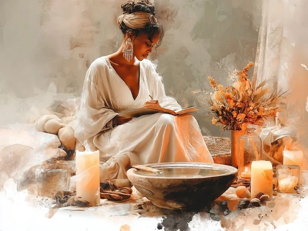 Vrouw schrijft intenties bij kaarslicht tijdens nieuwe maan ritueel met schaal water en zachte schaduwen