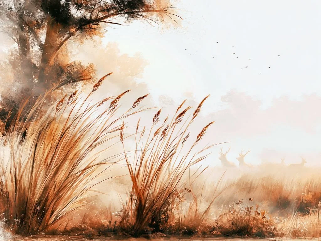 Herfstig sfeerbeeld van het Weerterbos met hoog gras, zacht licht en een dromerige, verstilde uitstraling.
