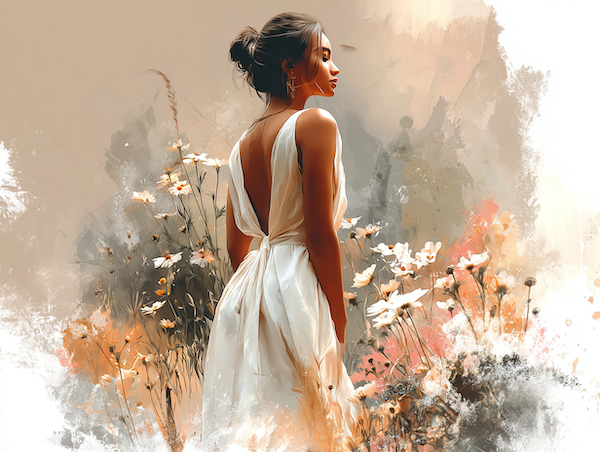 Vrouw in bloemenveld die innerlijke rust en eigenwaarde voelt