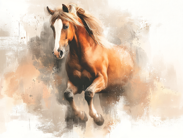 Vurig rood paard galopperend door gouden licht, symbool voor vrijheid en passie