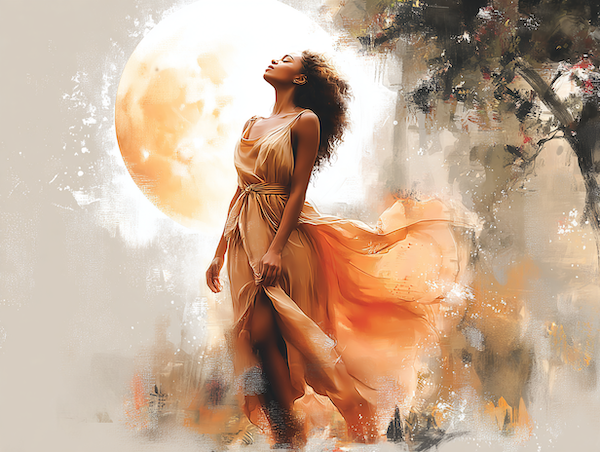 Vrouwelijke silhouet onder volle maan in zacht boslicht, symbool voor vrijdag de 13e en godinnenenergie