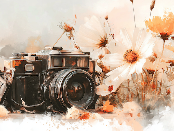 Wilde bloemen met ochtenddauw naast een camera in zachte natuursfeer