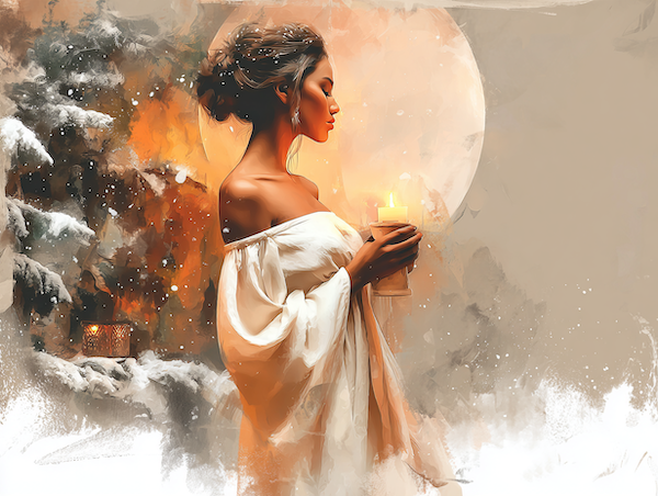 Silhouet van een vrouw met kaars in een magische winternacht tijdens de heilige yule-nachten.