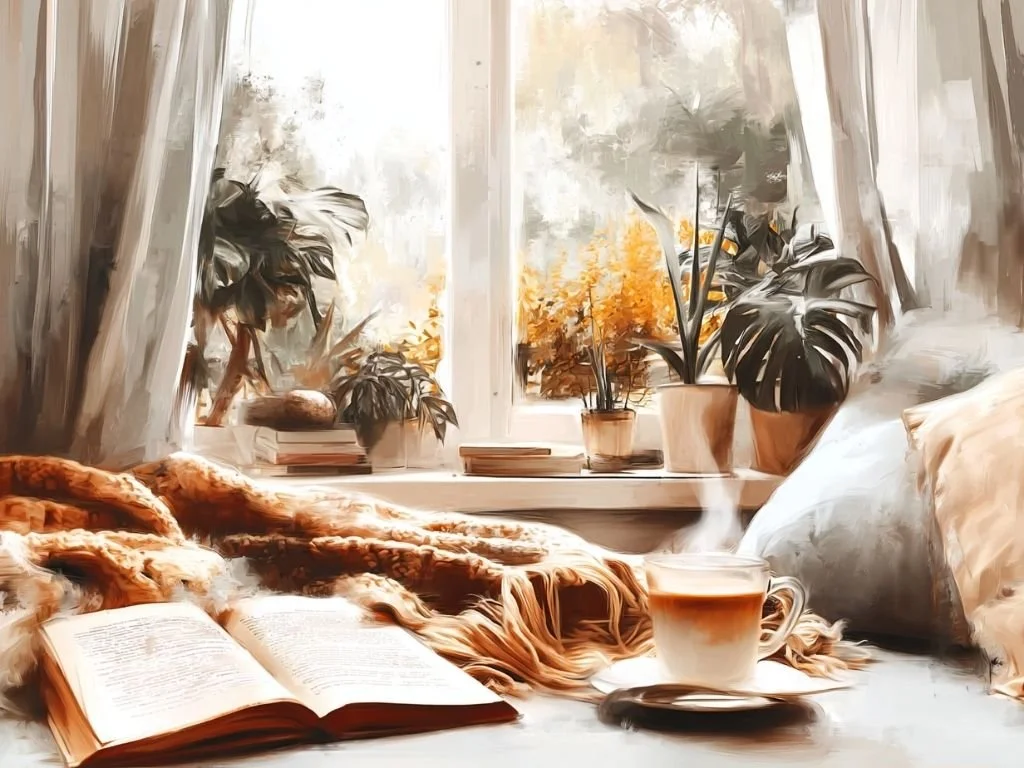 Een knusse leeshoek met een open boek en een latte macchiato als symbool voor soft living.