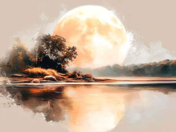 Volle maan in Kreeft boven stil water als symbool voor emotionele rust en intuïtie
