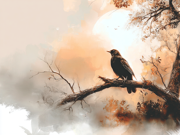 Merel zingend in het eerste ochtendlicht op een tak