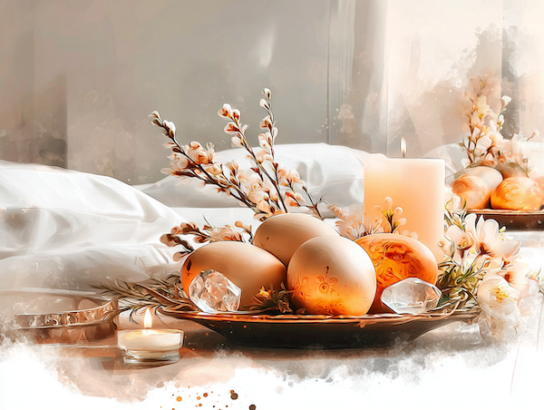 Lente altaar met eieren, bloemen en kaarslicht tijdens Ostara
