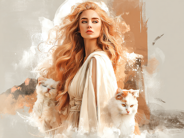 Mystieke vrouw geïnspireerd op Freya met zachte gouden gloed en twee katten in symbolische setting