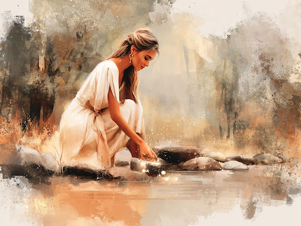 Vrouw die symbolisch boosheid en spanning loslaat in een kabbelende rivier.