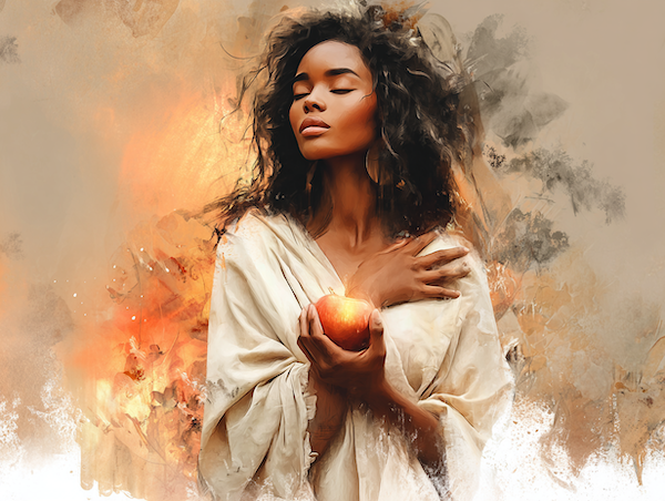 Vrouw in stille tuin met subtiele gouden appel in haar handen, symbool voor innerlijk goud en zelfbescherming.