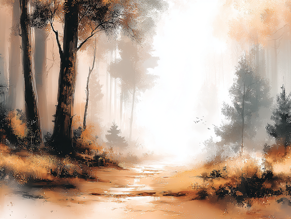 Mistig bospad als symbool voor pauze en innerlijke ruimte.