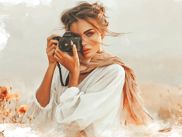 vrouw stelt camera scherp in natuur tijdens golden hour