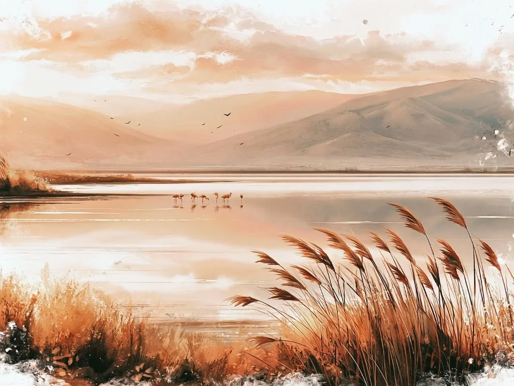 Flamingo's in de verte in een weids landschap bij zonsopkomst