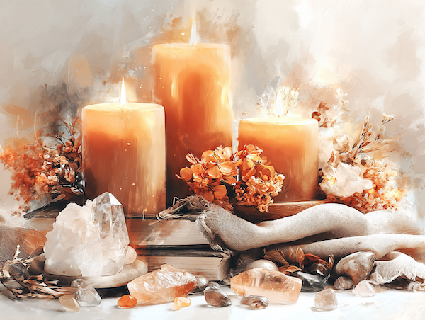 zacht vrouwelijk altaar met kaarsen en bloemen als ritueel voor walpurgisnacht