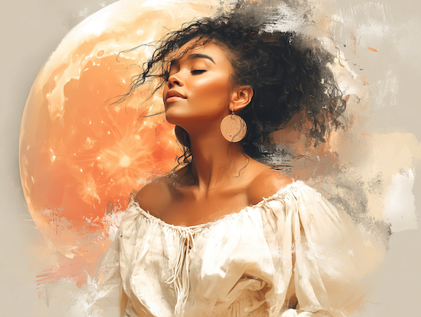 Vrouw onder een grote maan als symbool voor perigeum en innerlijke nabijheid